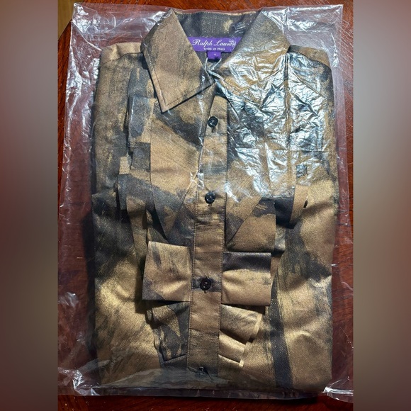 NWT RL Collection Bronze Metallic Ruffled button down shirt size 4 Made in Italy - Picture 11 of 11